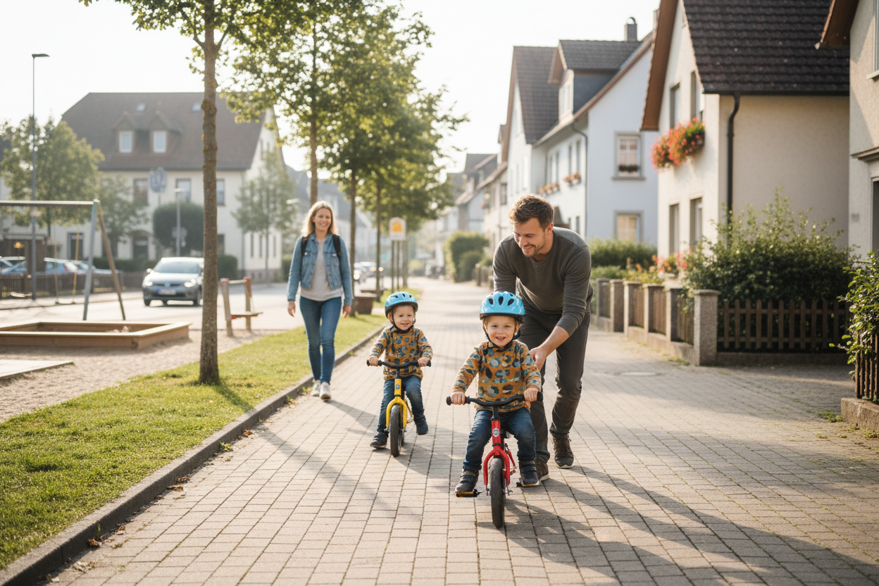 Eltern mit zwei Kindern auf Laufrädern im Straßenverkehr
